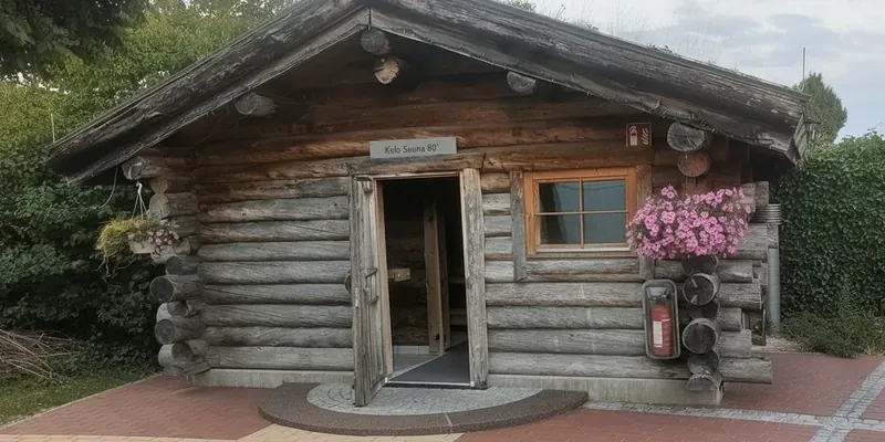 Die Kelo-Sauna im Außenbereich des Panorama-Bads: Blockhaus aus grauen Rundstämmen mit Blumenkästen